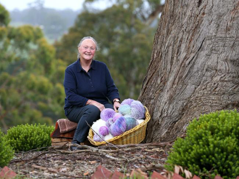 Image of Alison and some of our hand-dyed mohair at the Boolarra Sth farm, image courtesy of The Weekly Times